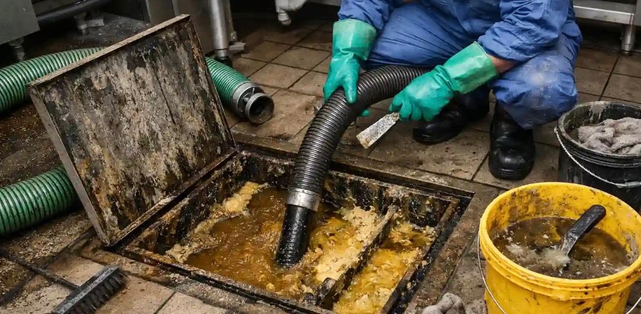 A Pro Grease Trap crew hydro-jetting a commercial interceptor